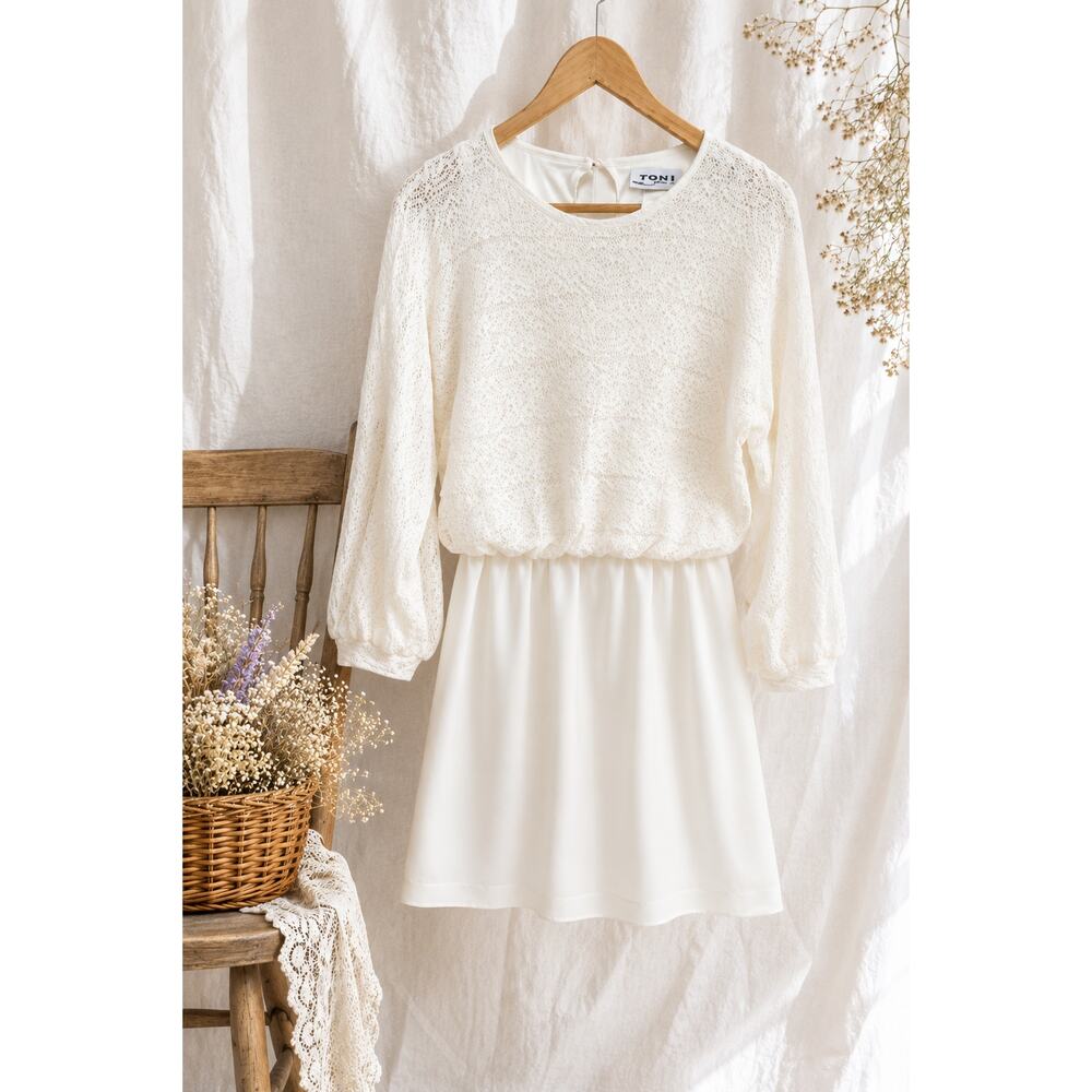 Vintage 80s Toni Petite White Lace Overlay Dress Cottagecore Boho USA Union Made